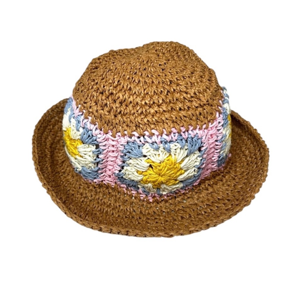 NWT DAVID and YOUNG Crochet Granny Square Straw Bucket Hat